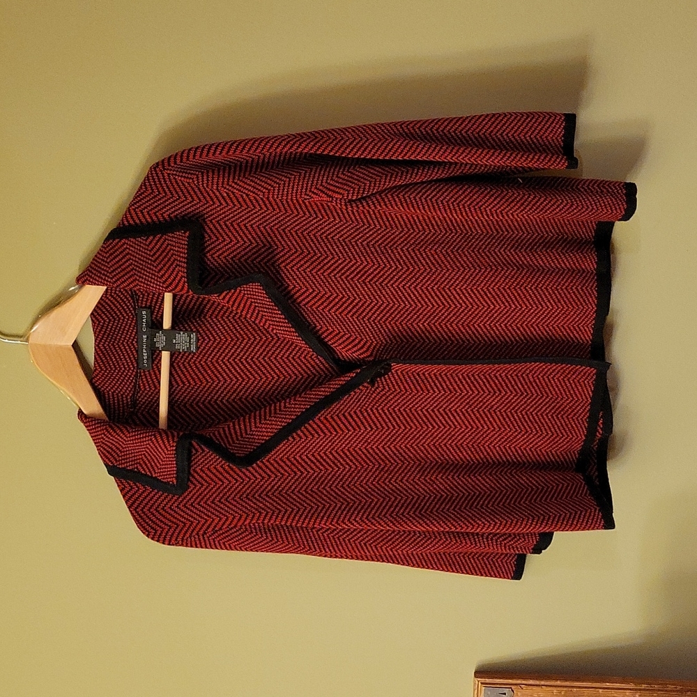 Josephine Chaus Knit Jacket Waist Coat Button front Black Red Chevron Size M